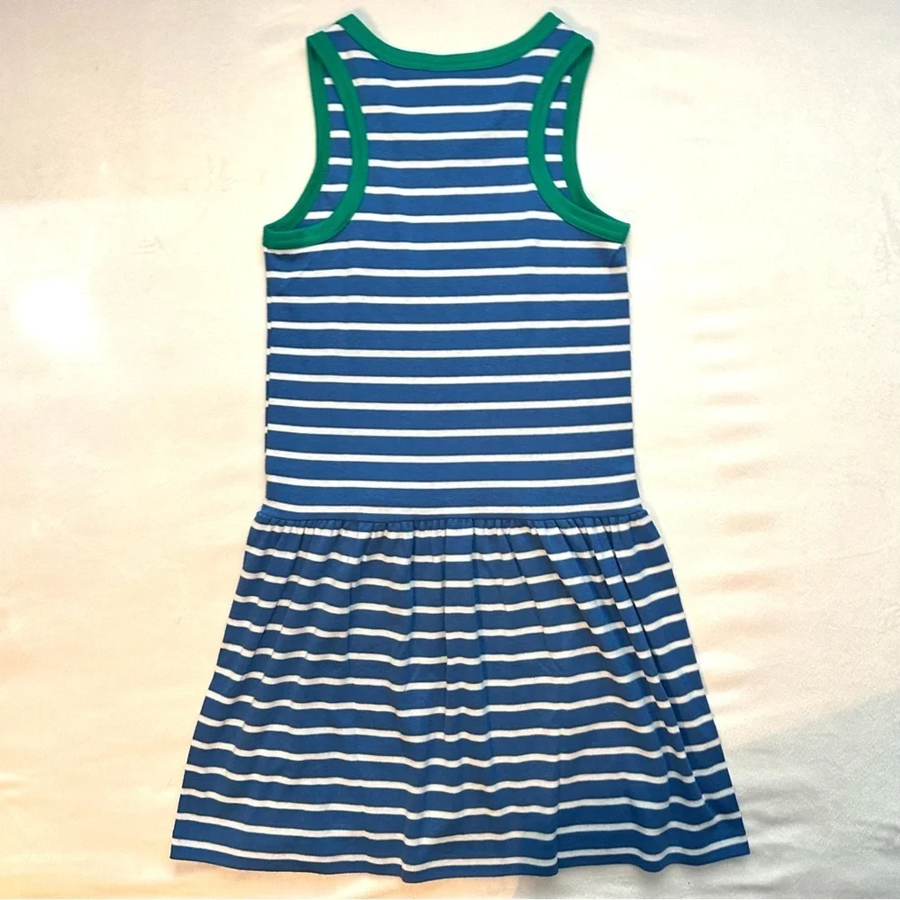 Vintage Hartstrings Sailboat Patch Nautical Blue Wht Striped Tank Dress Girls 12